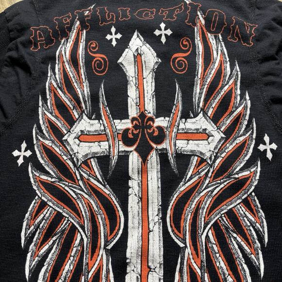 Affliction Long Sleeve Thermal Cross Double Sided Men’s Medium Y2K Wings Grunge - Picture 1 of 9